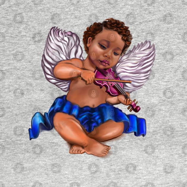 Black Angel playing the violin - Sun kissed curly haired Baby cherub angel classical art by Artonmytee